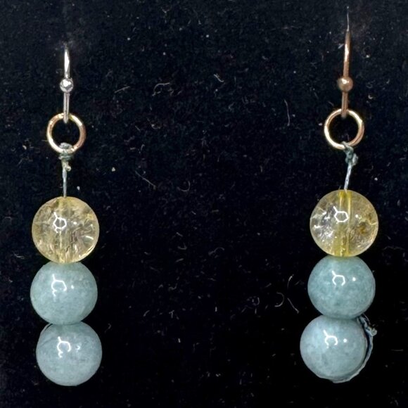 Handcrafted Citrine & Jadeite Beaded Drop Earrings Hook Boho Chic Y2K Handmade - Picture 1 of 5